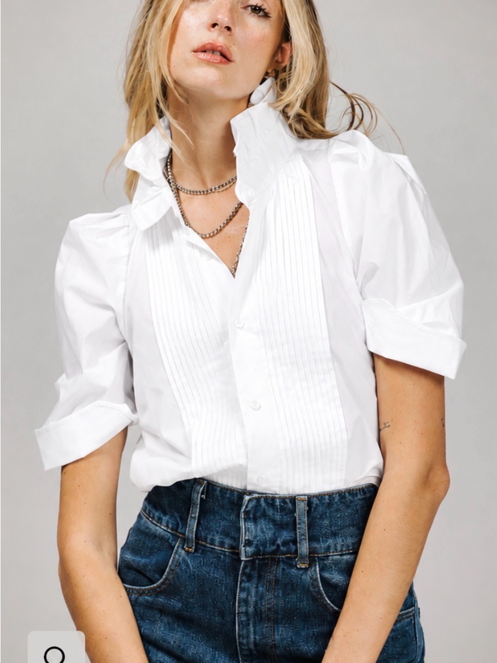 Crisp White Pintuck Short-Sleeve Blouse